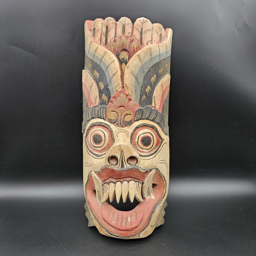 Hand Carved Balinese Wood Barong Mask Painted Wood Bali Indonesia Wall Art 14"